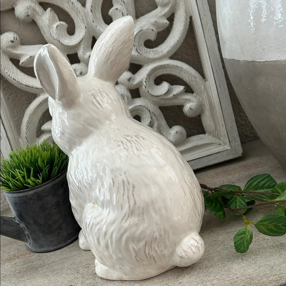 Farmhouse Shabby Chic Cottage Easter Creamy White Ceramic Bunny Figurine decor